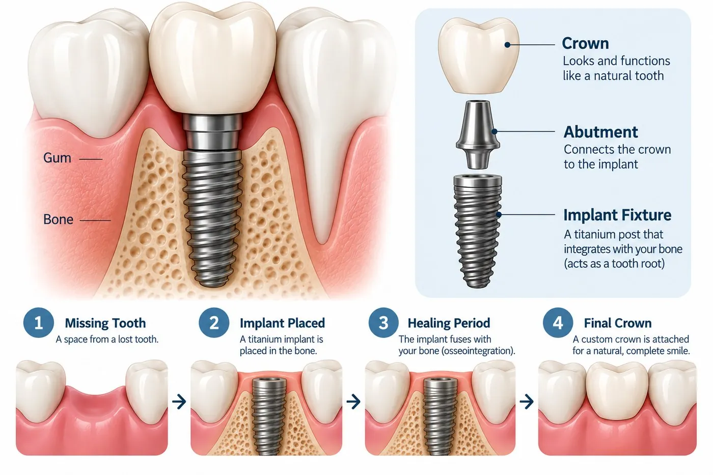 Dental implant diagram, crown, abutment and titanium implant fixture, plus the four-step implant process