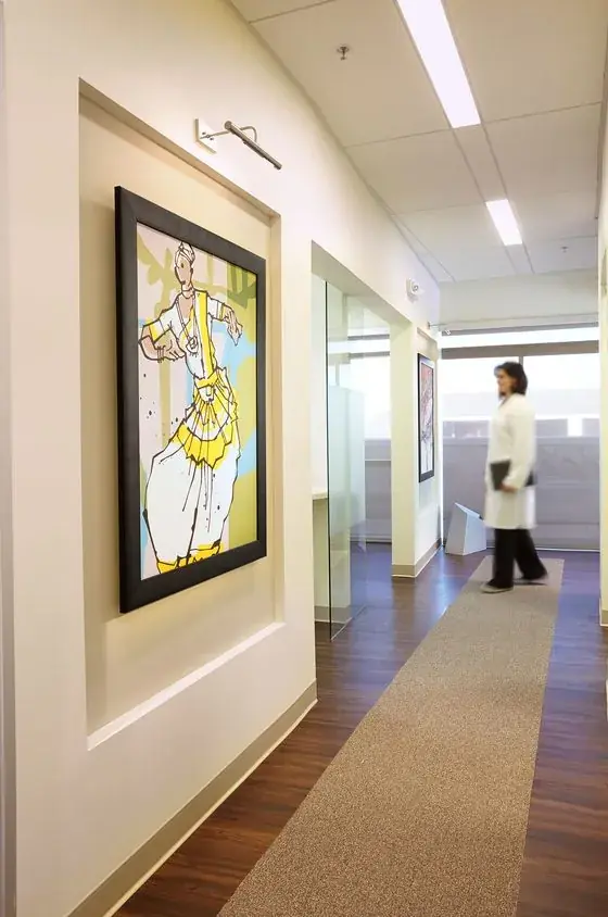 Deccan Dental office hallway with artwork, San Mateo